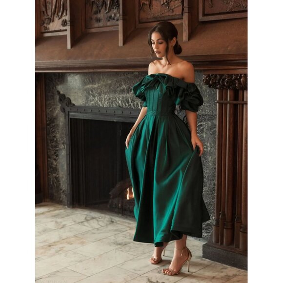 MAC DUGGAL Ruffle Off the Shoulder Satin Midi Cocktail Dress in Emerald US 10 - Picture 3 of 11